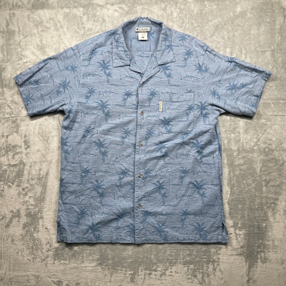Columbia Mens Blue Palm Tree Fish Print Short Sleeve Button‎ Down Shirt XL